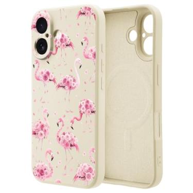 Imagem de OFQKOAKS Capa para iPhone 16 Pro Max compatível com MagSafe, capa de telefone feminina romântica com flamingo, floral, floral, floral, de silicone branco macio, ajuste fino, capa protetora para