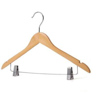 Imagem de Kit 6 Cabide de Madeira com Presilhas, Material Madeira e Metal, Acabamento em Verniz, 44 cm x 24 cm, Gancho Giratório 360°, Ideal para Roupas