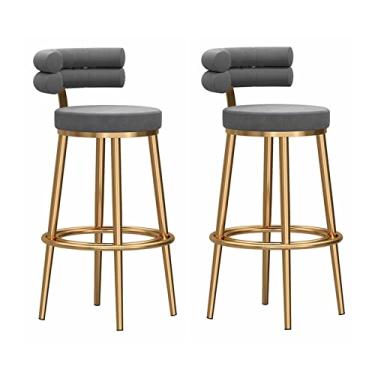 Imagem de Conjunto de 2 banquetas de veludo com altura para balcão de cozinha com encosto dourado, cadeira de jantar estofada e elegante, cinza #2