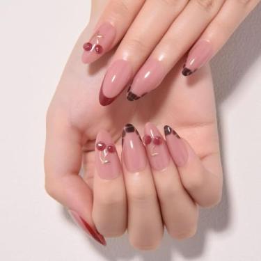 Imagem de 3D Nude Pink French Red Tip Press on Nails Short Amêndoa, Unhas postiças feitas à mão com desenhos de frutas 3D, unhas postiças reutilizáveis de cobertura completa com cola para presente feminino 24
