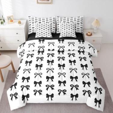 Imagem de Erosebridal Conjunto de edredom Queen com laço preto para meninas | Jogo de cama com laço de fita preta e branca, 7 peças, para crianças, mulheres, lençol de cima, lençol de cima, bonito com laço
