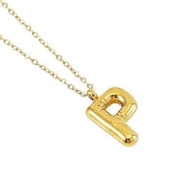 Imagem de Colar de Letra Bolha Personalizado para Mulheres, Colar Inicial Banhado a Ouro 18K com Corrente Cruzada em Aço Inoxidável, 45 cm, 26 Letras, Jóia de Moda e Presente Estiloso (dourado,P)