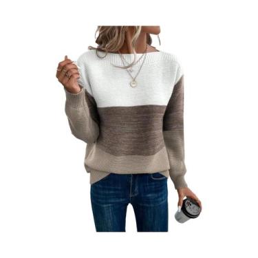 Imagem de Suéter Feminino De Tricô Com Patchwork Em Três Cores, Casual, Solto, Q