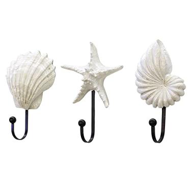 Imagem de 3 ganchos de parede para casacos, ganchos decorativos de resina, ganchos de parede de concha do mar, decoração de casa de praia com tema costeiro para casa de banho, porta de quarto, guarda-roupas