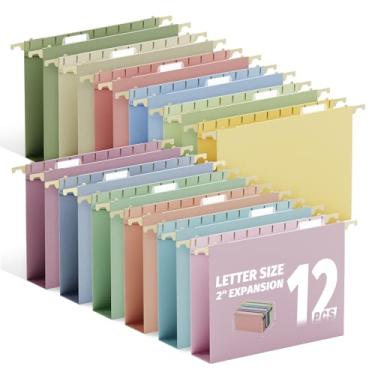 Imagem de Ansook Pastas de arquivo suspensas tamanho carta com capacidade extra, pastas de plástico expansíveis de 5 cm, pacote com 12 organizadores de papel para escritório, escola, pastas de arquivos