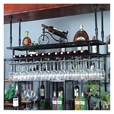 Imagem de Suporte de copo suspenso para mesa de bar decoração de vinho doméstico europeu duplo invertido rack de vidro alto pendurado (cor: latão tamanho: 80 * 30 cm) (latão 60 * 30 cm) (preto 80 * 30 cm)