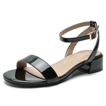 Imagem de Peijely Sandálias femininas de salto grosso com tira no tornozelo com bico aberto, sapatos de verão, Fivela quadrada preta patenteada, 11.5