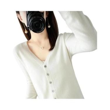 Imagem de Cardigã De Tricô Feminino Com Decote Em V 2025, Suéter Com Pequeno Toq