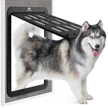 Imagem de Morikey Porta de cachorro grande para porta de tela, 43 x 33 cm, porta de gato com abertura de aba para janela com bloqueio de 4 vias, porta magnética para animais de estimação com fecho automático