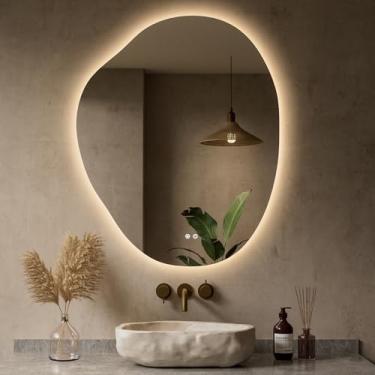 Imagem de Keonjinn Espelho retroiluminado assimétrico 76 x 91 cm, espelho de banheiro de LED irregular, espelho de banheiro iluminado com 3 cores, regulável contínuo, antiembaçamento, espelho de maquiagem