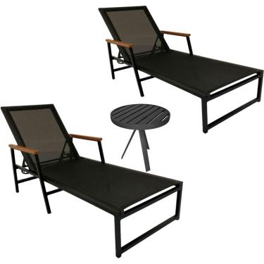 Imagem de Kit 2 Espreguiçadeiras Alumínio E Tela Sling Amélia Braços De Madeira + Mesa Lateral Ripada Preto