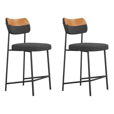 Imagem de Kit 02 Banquetas Médias Cozinha Lila Estofada Couríssimo Whisky Linho Grafite - Desk Design