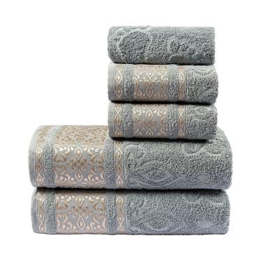 Imagem de Jogo de Banho Toalhas Delicato 100% Algodão Tecido Felpudo Macio 05 Peças Detalhado - Cinza Granito
