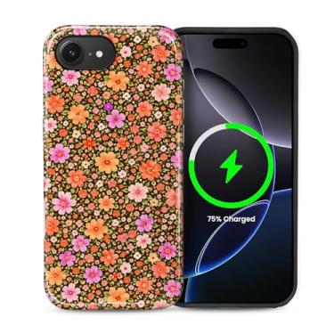 Imagem de casesok Capa para iPhone 16e, compatível com MagSafe, capa rígida de camada dupla + capa de silicone, proteção total à prova de choque para iPhone 16e flores esmagadas laranja