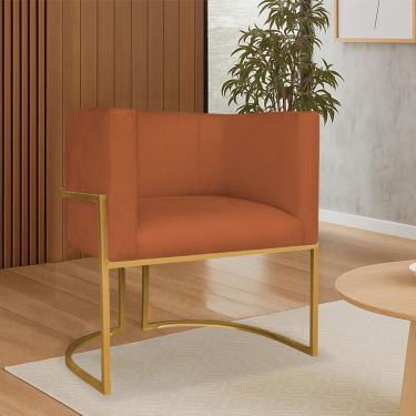 Imagem de Poltrona Dália Luxo Moderna Estofada Design Sofisticado Com Base De Ferro Dourado Suede Terracota