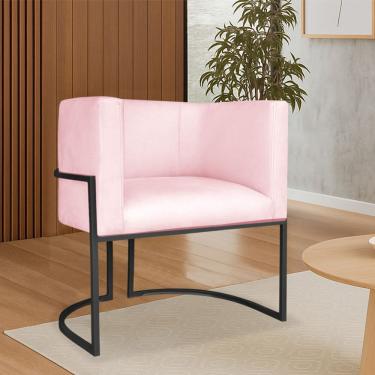 Imagem de Poltrona Dália Luxo Moderna Estofada Design Sofisticado Com Base De Ferro Preto Suede Rosa Bebê