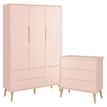 Imagem de Cômoda Infantil Gaveteiro E Guarda Roupa 3 Portas Theo Rosa Com Pés Madeira Natural - Reller