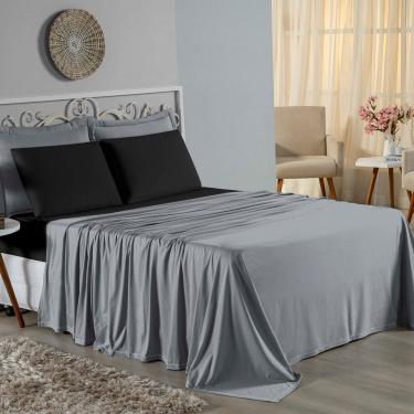 Imagem de Jogo De Cama Solteiro Nobre 3 Peças Lençol Com Elástico De 30cm De Altura Malha 100% Algodão - Cinza / Preto
