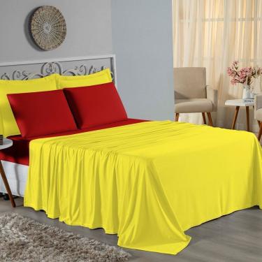 Imagem de Jogo De Cama King Nobre 4 Peças Lençol Com Elástico De 30cm De Altura Malha 100% Algodão - Amarelo / Vermelho