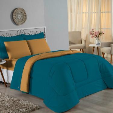 Imagem de Kit Edredom Dupla Face + Jogo De Lençol Casal Nobre 7 Peças Malha 100% Algodão - Petróleo / Cobre