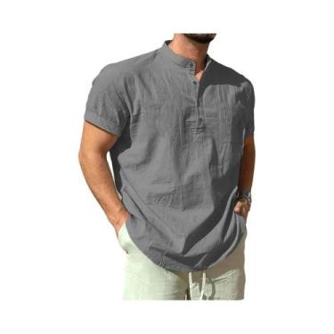 Imagem de Camiseta Masculina Leve De Algodão E Linho Com Gola Henley, Casual De 