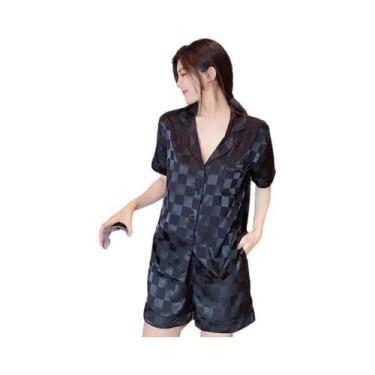 Imagem de Conjunto De Pijama Feminino De Seda Gelo Jacquard Com Cardigã, Manga C