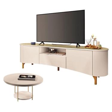 Imagem de Rack Bancada Elara Off White Champanhe Com Mesa De Centro Sky Off White - Hb Móveis