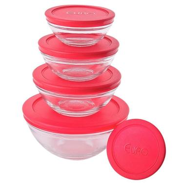 Imagem de Conjunto de Potes Redondos VDR7090-VM para Armazenar Alimentos em Vidro com Tampa Plástica Uso em Geladeira Vermelho