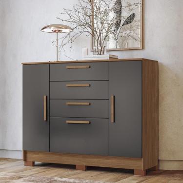 Imagem de Cômoda Pinhais 4 Gavetas MDP Puxador MDF Jatobá com Grafite com 2 Portas 130,2CM de Lar...