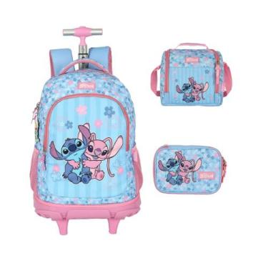 Imagem de Kit Mochila Rodinhas Lancheira Estojo Stitch Disney Escolar, Rosa