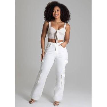 Imagem de Calça Feminina Sarja Reta Cargo Sawary Premium Original Cintura Alta M