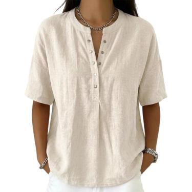 Imagem de Camisa feminina casual de linho e algodão com gola Henley, damasco - H