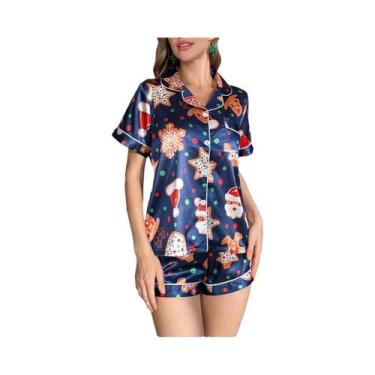 Imagem de Conjunto De Pijama Feminino De Natal Com Estampa De Cervo E Doces, Blu