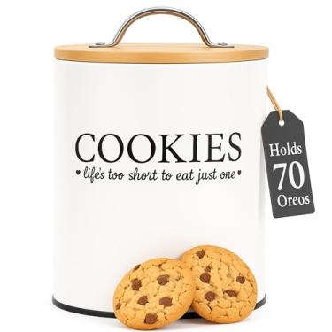 Imagem de D'Lifeful Pote de biscoito com tampa hermética de bambu – Armazenamento de biscoitos fofo e decorativo de 2 litros para bancada de cozinha – Lata de armazenamento de fazenda para frescor – Ótima ideia