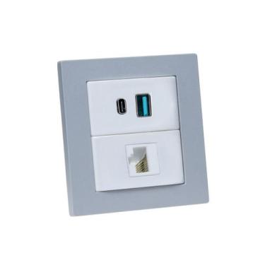 Imagem de Espelho Duplo Reto 2 USB 9.0A 1 RJ-45 - CONNECT CAIXA TOMADA, Cinza