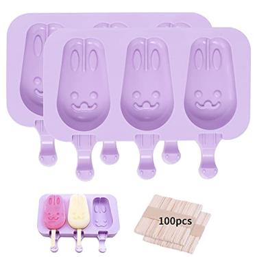 Imagem de Molde de picolé de silicone – 2 peças de moldes de picolé de silicone, formas de sorvete, molde de bolo, forma de picolé, forma com 100 palitos para crianças DIY (coelho)