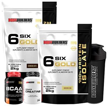 Imagem de KIT 2x Whey Isolado Six Gold 2kg + POWER Creatina 100g + BCAA 100g + Coqueteleira - Bodybuilders Sabor Baunilha e Chocolate