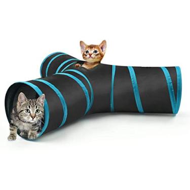 Imagem de Brinquedos para gatos, tubo de túnel para gatos, túneis de 3 vias extensíveis dobráveis para gatos, brinquedo interativo labirinto gato casa cama com bolas e sinos para gato, gatinho, coelho, pequeno animal (azul)
