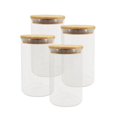 Imagem de Potes De Vidro p/ Mantimentos 1100ml c/ Tampa Bambu - 4 pçs