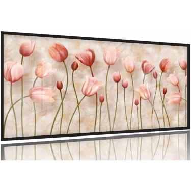 Imagem de Quadro Flores Tulipas Para Sala Efeito Mármore 130x60 Moldura Preta 2x2