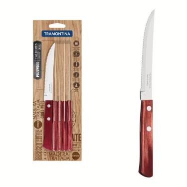 Imagem de Conjunto de Facas para Churrasco Tramontina com Lâminas em Aço Inox e Cabos em Madeira Polywood Vermelho 6 Peças Tramontina