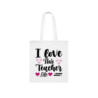 Imagem de Bolsa de professor, sacola I Love This Teacher Life, presente para professor, presente para professor, bolsa de ombro de professor, bolsas reutilizáveis para professores, ideia de de Natal, Branco