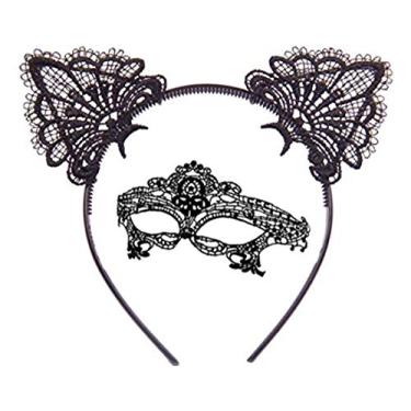 Imagem de Fashion Cat Ears Headband Lace Eye Mask Costume Couples Cute Sexy Women Lady Eyemask Masquerade Mask Hair Elastic Hoop for Carnival Party Prom Ball Halloween Christmas Cosplay (Black)