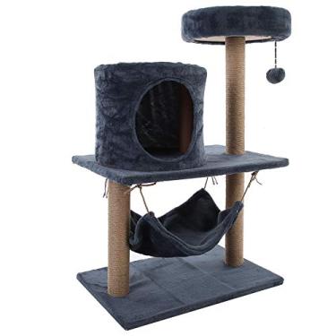Imagem de EVTSCAN Torres para gatos com árvore de gato de 91 cm, brinquedo multifuncional para casinha de brinquedo, condomínio para gatos com plataforma e rede, postes de arranhar para ambientes internos (cinza)