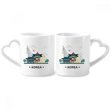 Imagem de Conjunto de canecas de porcelana para casal Tourist Atrations in Seoul Korea com alça de coração