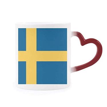 Imagem de Caneca de grés com bandeira nacional da Suécia sensível ao calor vermelha que muda de cor