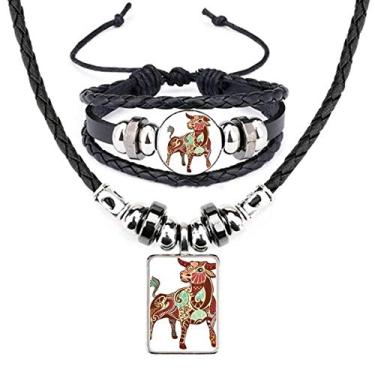 Imagem de Conjunto de joias de couro com símbolo do zodíaco da Constelação Taurus