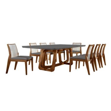 Imagem de Conjunto de Mesa de Jantar Retangular com Tampo de Vidro e 8 Cadeiras Siena Linho Grafite e Cinamomo Imbuia