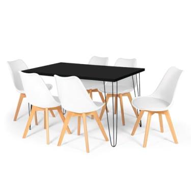 Imagem de Conjunto Mesa de Jantar Hairpin 130x80 Preta com 6 Cadeiras Eiffel Leda - Branco