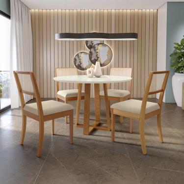 Imagem de Conjunto de Mesa de Jantar Redonda com Tampo de Vidro Off White 120 cm e 4 Cadeiras Premium Veludo Bege e Carvalho